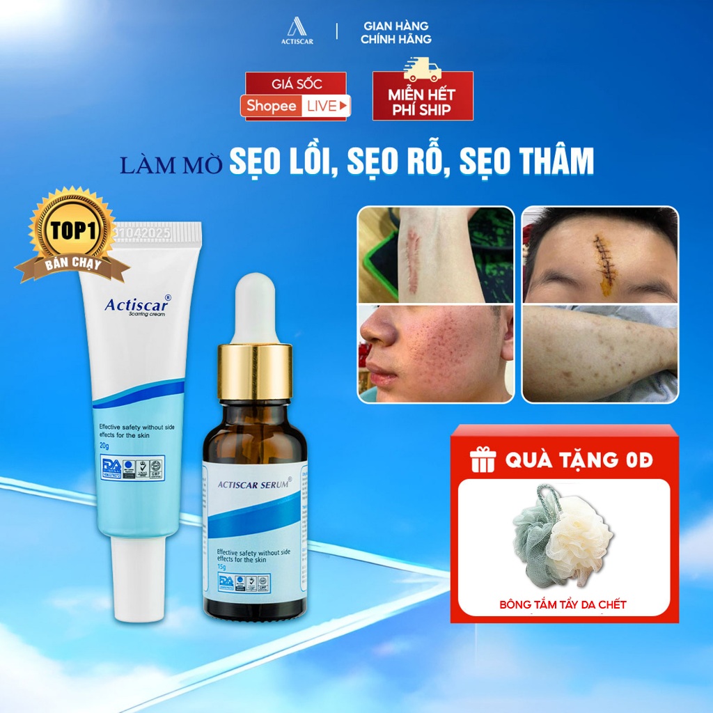 Combo Kem & Serum xóa sẹo, làm mờ sẹo lồi, sẹo rỗ, sẹo thâm mun, sẹo lõm Actiscar lâu năm nhanh chóng tại nhà