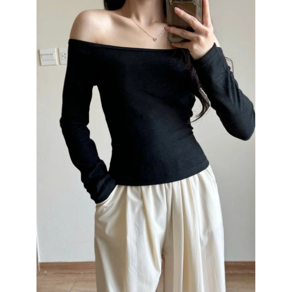 Áo thun trễ vai Beyo áo nữ ôm body dài tay kiểu lệch form dáng vừa T090 | BigBuy360 - bigbuy360.vn