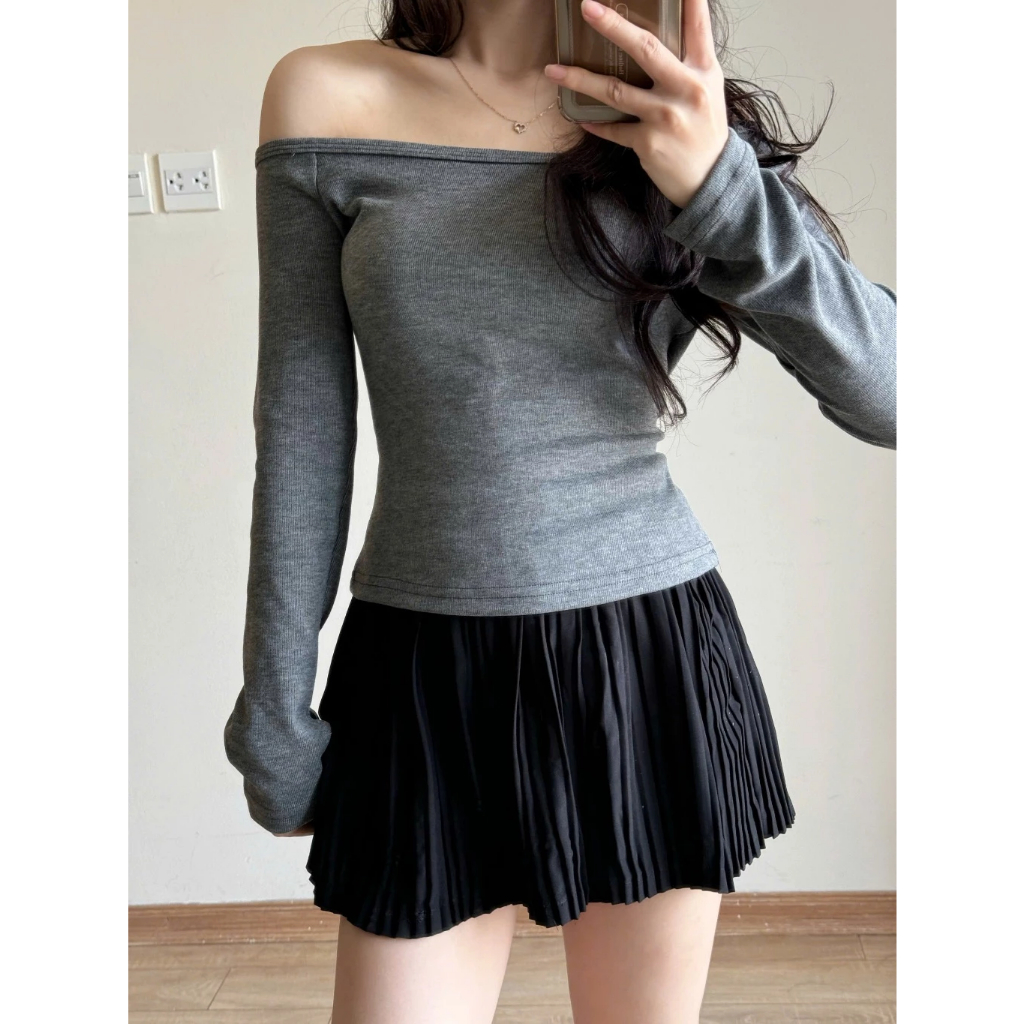 Áo thun trễ vai Beyo áo nữ ôm body dài tay kiểu lệch form dáng vừa T090 | BigBuy360 - bigbuy360.vn