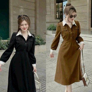 Đầm sơmi tay dài thời trang nữ có dây rút eo mặc xinh chất Tăm Nhung có túi phía trước 2 màu đen nâu,