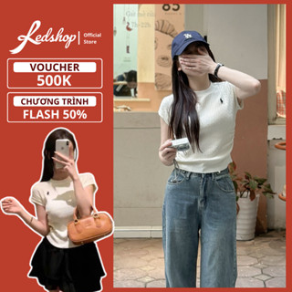 Áo len dệt kim,áo cộc len vặn thừng cổ tròn tay ngắn dáng ôm vừa người phối thêu ngựa 304101 RedShop