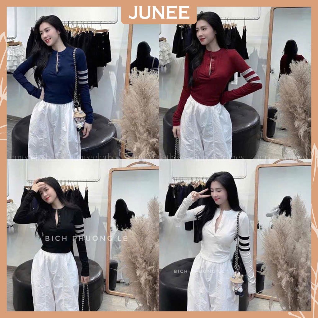 Áo Thun Nữ Dài Tay THOME Cổ Trụ Cúc Cài Dáng Croptop Ôm Body Phối Viền Sọc Tay Áo Phông Nữ Dài Tay Dáng Freesize