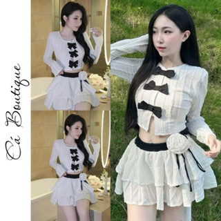 SET 2 MÓN (chất thun tổ ong) Áo ren crotop đính nơ cao cấp mix chân váy tầng  đính hoa cài tiểu thư sang chảnh