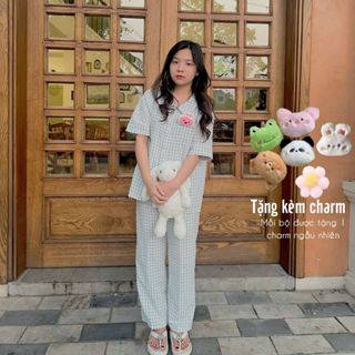Bộ pijama kẻ caro Cộc Dài nhiều màu chất đũi họa tiết dễ thương phong cách Hàn Quốc