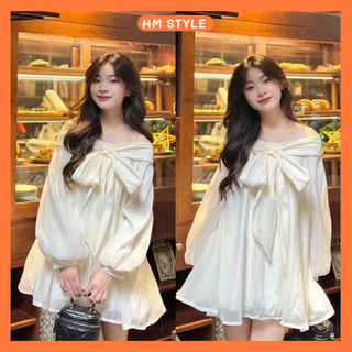  Đầm babydoll trễ vai thắt nơ tay bồng váy trễ vai nơ to tiểu thư chất tơ xốp mặc đi tiệc sang chảnh siêu xinh HV952 
