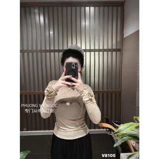  Áo thun nữ tay dài cổ tròn dáng ôm phối hoa đính tay áo chất thun giấy hàng QC phong cách đơn giản  thanh lịch 