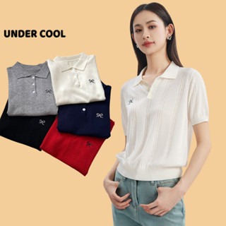 Áo polo len mỏng hình thêu nơ UNDERCOOL ngắn tay họa tiết xoắn thừng mongtoghi đen xám trắng ACT38