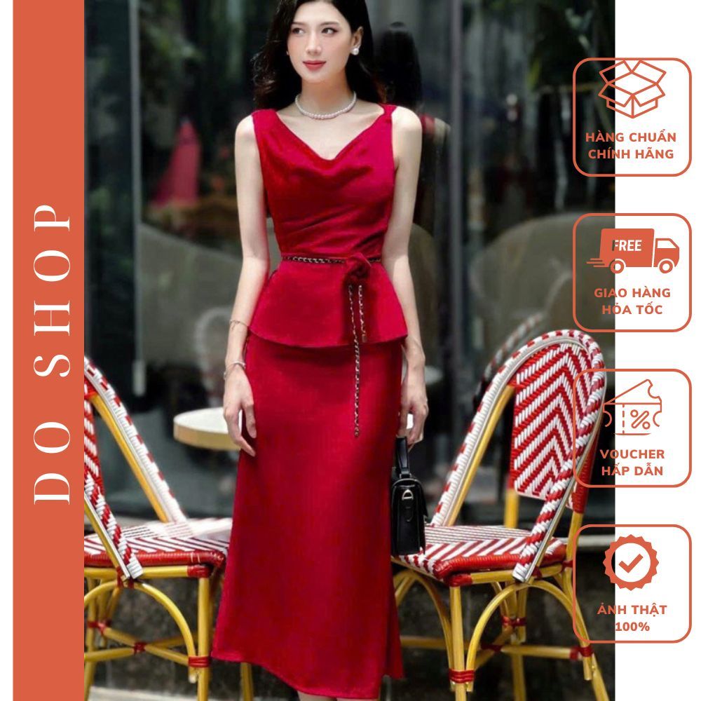Set lụa thiết kế dự tiệc sang chảnh (kèm dây hoa) mã L6 - Set lụa áo cổ đổ chân váy dài siêu sang