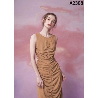 Đầm sát nách xếp nhún thân chất tơ vân hàn siêu sang A2388