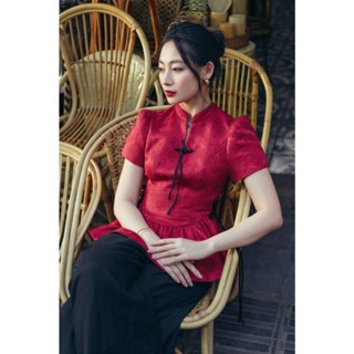 [ Muse by Bohee ] Áo sơ mi " Yên " màu đỏ chất liệu gấm hoa nổi - A421