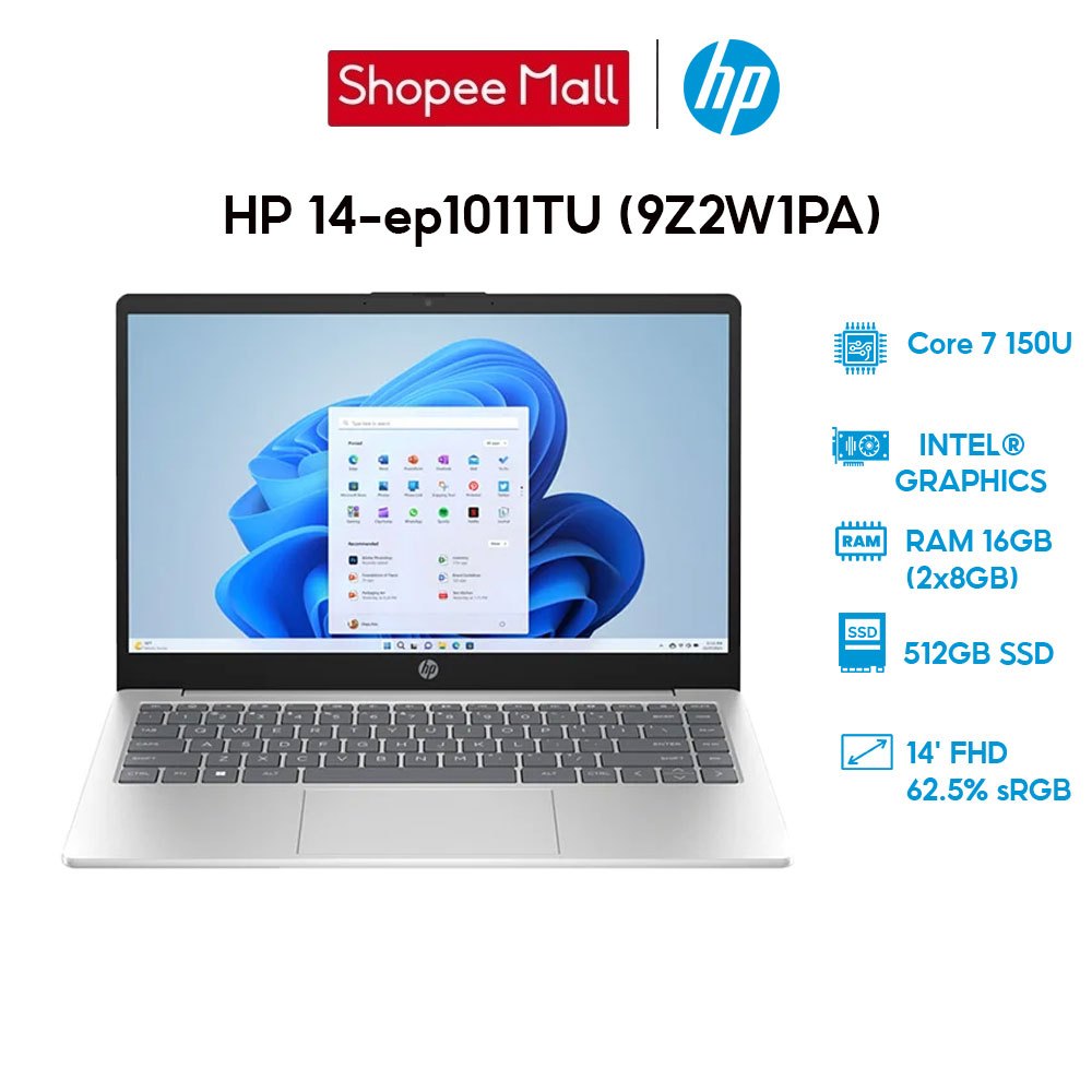 Laptop HP 14-ep1007TU 9Z2W1PA Core 7 150U | 16GB | 512GB | Intel Graphics | 14' FHD | Win 11