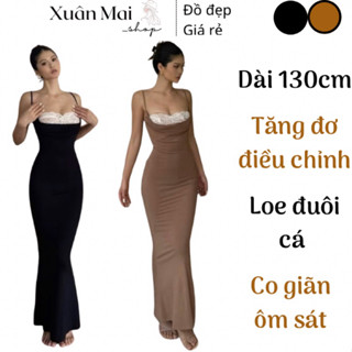Đầm ôm body nữ phối ren cổ đổ 2 dây loe đuôi cá form dài 130cm có tăng đơ điều chỉnh chất thun ladong co giãn nâu đen