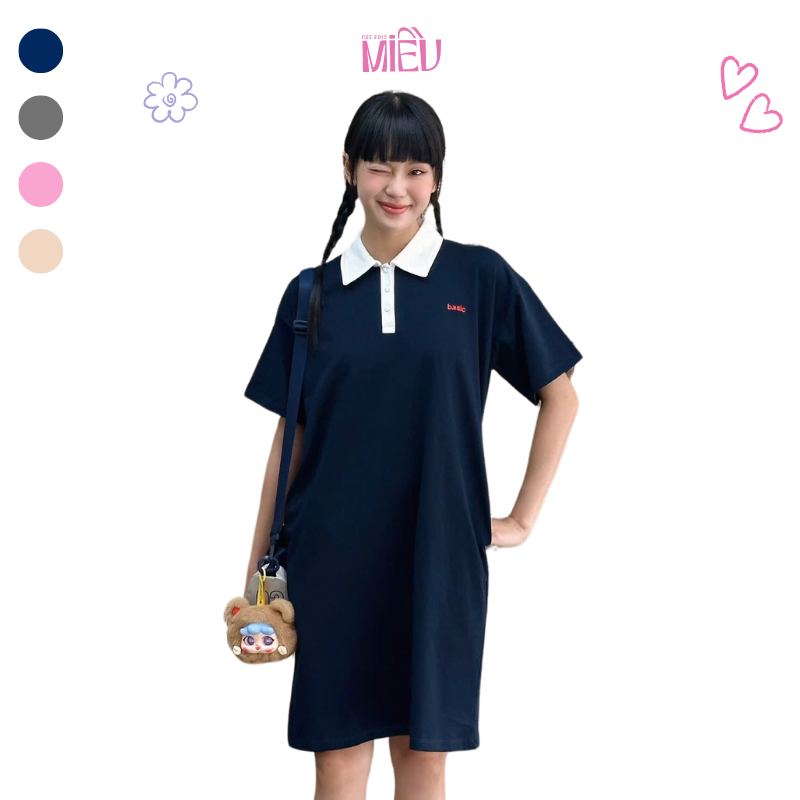 Đầm polo ngắn dễ thương nữ tính phong cách Hàn Quốc có túi bên hông thêu chữ Basic Polo Miều Est.2013