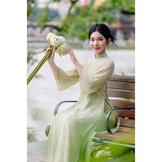 Áo dài Dạ Nguyệt xanh cốm - Áo dài 4 tà dáng suông, tay lỡ, chất liệu tơ crep, áo dài chụp ảnh mùa thu, áo dài Tết