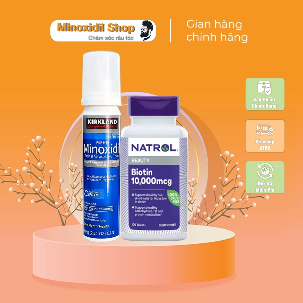 Minoxidil 5% Bọt (Foam) Mọc Râu Tóc kết hợp Biotin