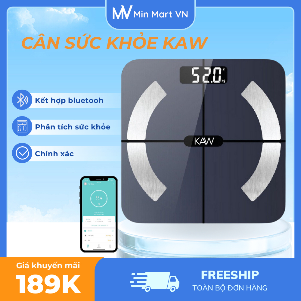 Cân Điện Tử Sức Khỏe KAW Kết Nối Bluetooth, Màn Hình Led Kính Cường Lực, Theo Dõi Sức Khỏe Gia Đình