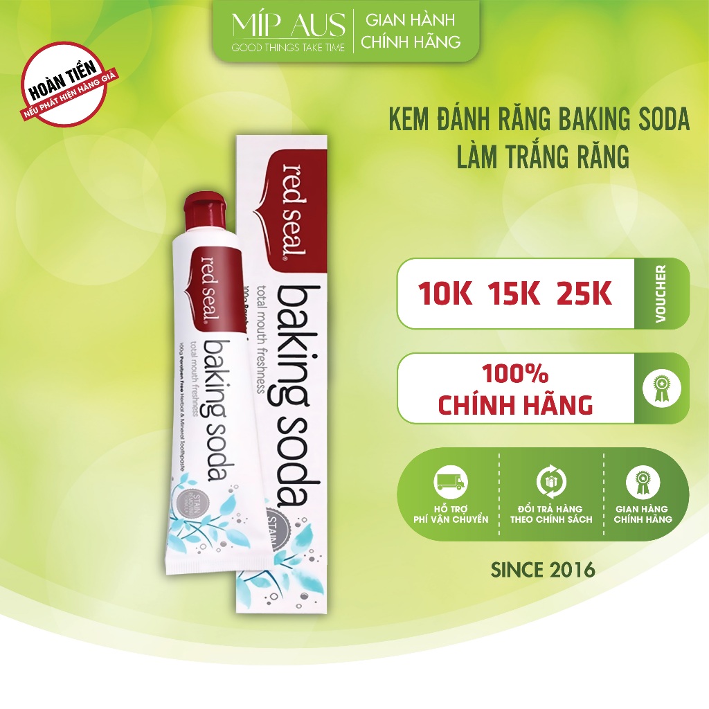 Kem Đánh Răng Baking Soda Trắng Răng Nhanh Tan Mảng Bám Không Chứa Flouride - Red Seal Toothpaste Ba
