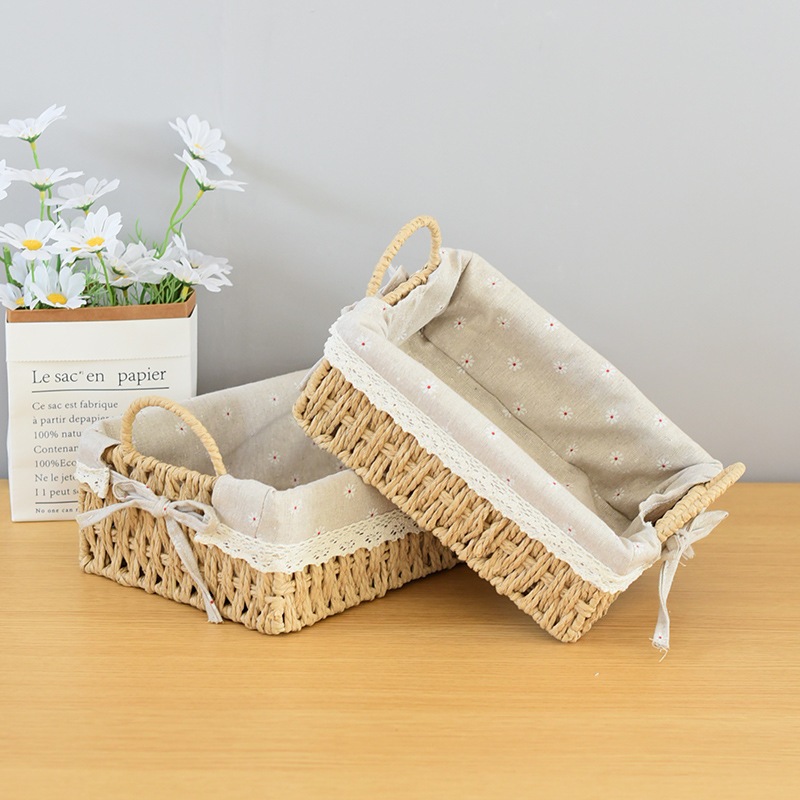 Giỏ mây chữ nhật có quai, đựng mỹ phẩm, đồ ăn vặt để bàn, decor chụp ảnh sản phẩm lót vải vintage