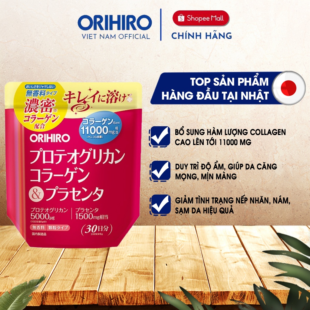 Bột Collagen Proteoglycan Orihiro nhau thai heo 11000mg hỗ trợ da đàn hồi trắng hồng 180g/gói