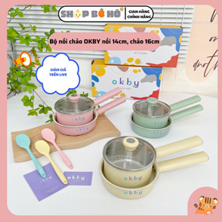 [Hàng mới về, tặng phới] Bộ Nồi Quánh Inox Okby Chảo Chống Dính Nấu Ăn Dặm 16cm, Nồi Chảo Tròn Đá Hoa Cao Cấp shopbeho