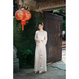   XÉO XỌ  Set áo dài Tố Quang chất liệu 70% tơ tằm dáng chiết eo tay loe dài 