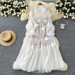  HA5403  Có sẵn  Đầm cổ tích phong cách Pháp dành cho nữ mùa thu gồm váy lưới hoa ba chiều dây đơn ngực + váy lót hai dây 