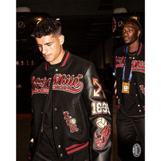 Áo Khoác 0-f-f WH1TE X AC-Mil4n 2024 Varsity Bomber Jacket 2024 tay da dày dặn hoạ tiết thêu 9tyvarsi