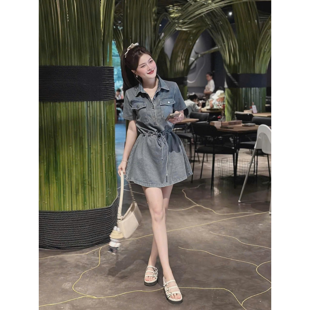 Đầm jean ngắn - Đầm jean phong cách nhẹ nhàng, đơn giản cho nàng dạo phố, đầm jean ngắn cổ sơ mi tay
