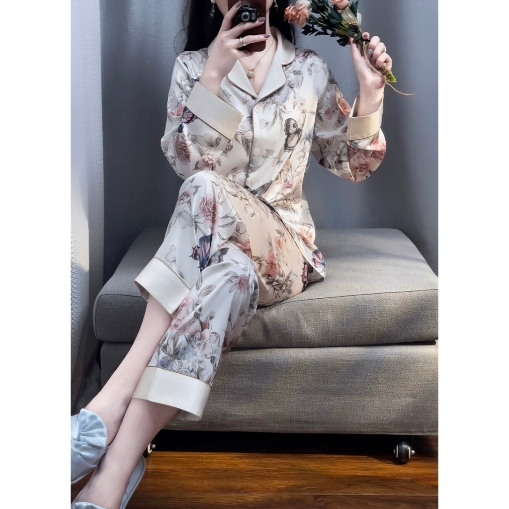 Bộ đồ ngủ ALADY Pijama Dài Tay trắng họa tiết, chất liệu lụa Latin trơn mịn, mềm mại-TD021