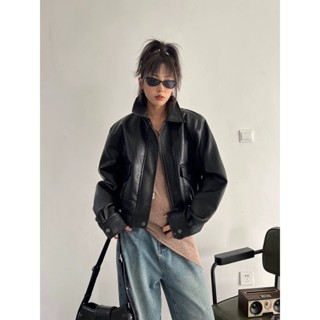   sẵn-inbox Áo khoác da dáng phồng ngắn túi hộp phong cách cổ điển Chaiko Studio 