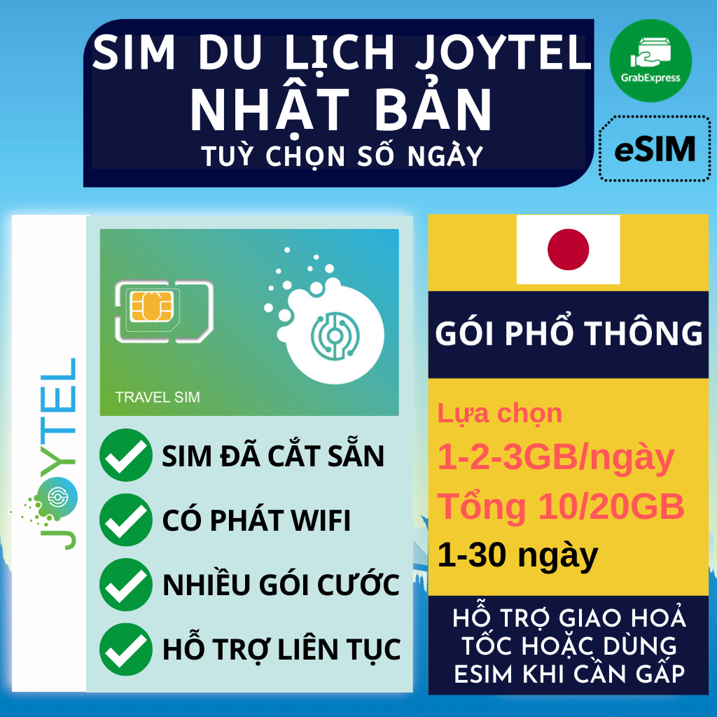 Sim Du Lịch NHẬT BẢN JOYTEL Tốc Độ Cao 4G Hỗ trợ Giao Nhanh và Esim nhiều lựa chọn giá tốt