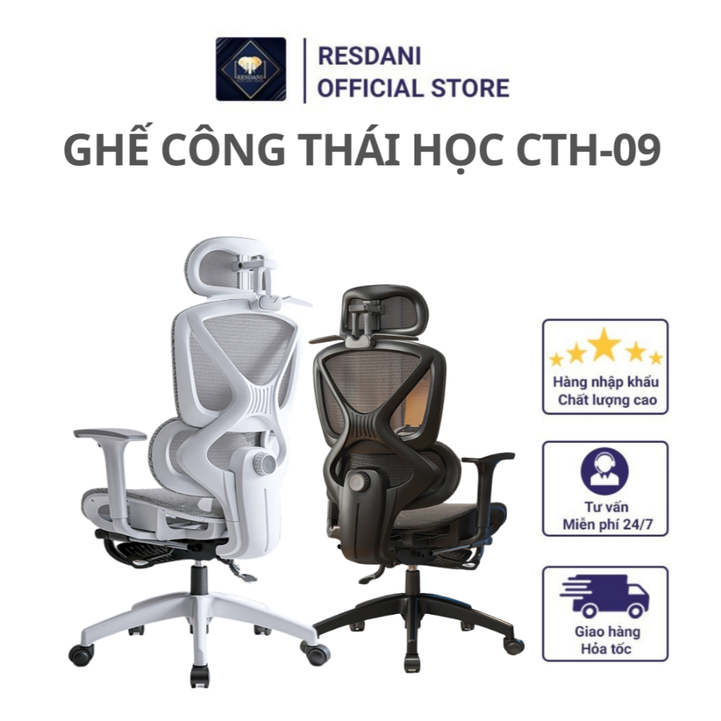 Ghế Xoay Công Thái Học CTH-09, Tựa Lưng Thay Đổi Linh Hoạt, Thiết Kế Bảo Vệ Cột Sống Ngả Lưng 135 Độ Resdani | BigBuy360 - bigbuy360.vn