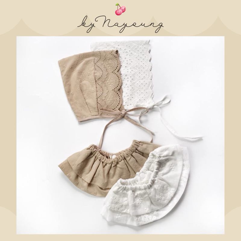 Set yếm + mũ thô chóp nhọn bé gái set yếm + nón bonnet size 0-2y thô thêu style Hàn byNayoung