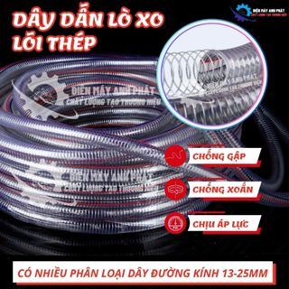 Ống nhựa mềm lò xo lõi thép trong suốt, ống dây PVC, chống gập, chống xoắn, ống nước phi 13/16/19/25/32mm, đơn giá 1M