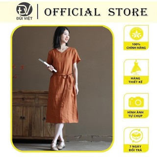 Đầm suông Linen hè nữ ngắn tay, cổ V phối cúc kèm dây thắt eo, chất liệu linen mềm mát Da171