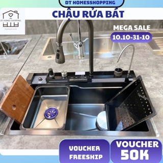 [TẶNG THỚT] Chậu rửa bát 1 hố 5 phím hiển thị nhiệt độ phím đàn bồn rửa chén vòi xả thác