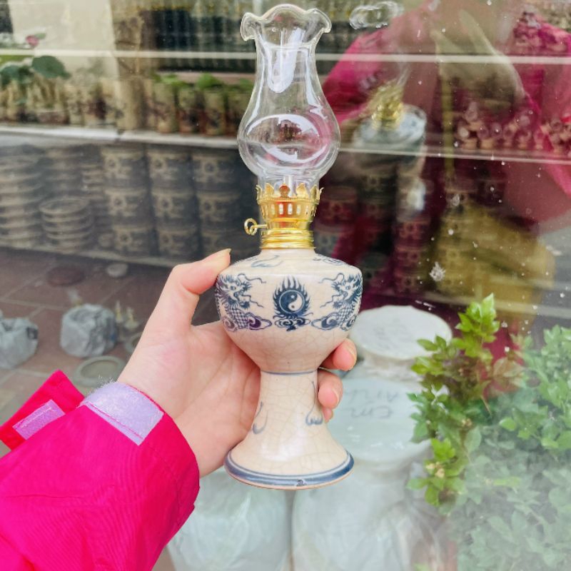 Đèn thờ, đèn dầu sứ  Men Rạn Đen có bóng