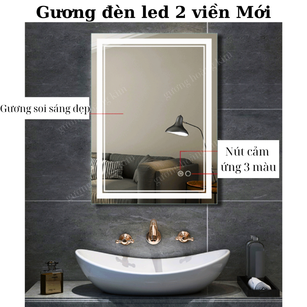 Gương chữ nhật nhà tắm ,Gương trang điểm treo tường có đèn led cảm ứng led đổi 3 màu kích thước 50x80cm mirrortoctoc