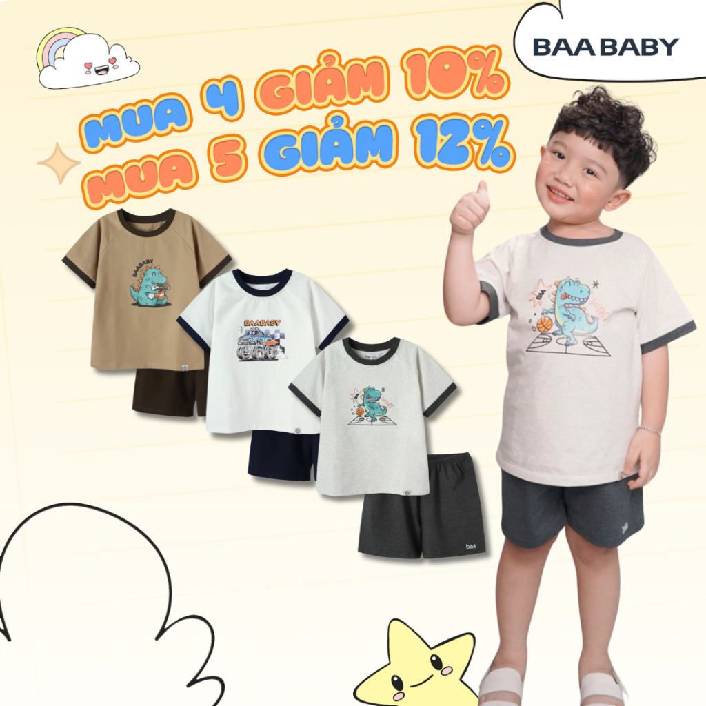 Đồ bộ cho bé trai, set đồ bộ cộc tay thu đông thun cotton từ 1 tuổi đến 10 tuổi Baababy B-BC-DB04N