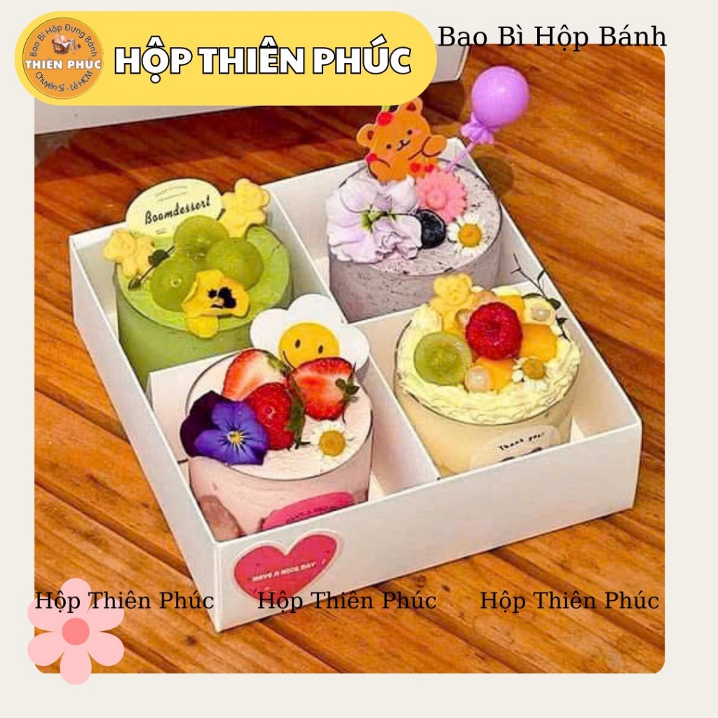 10 Hộp giấy 4 ngăn đựng 4 ly mousse tròn - vuông bánh mousse - Hộp 4 ngăn nắp mica đựng bánh