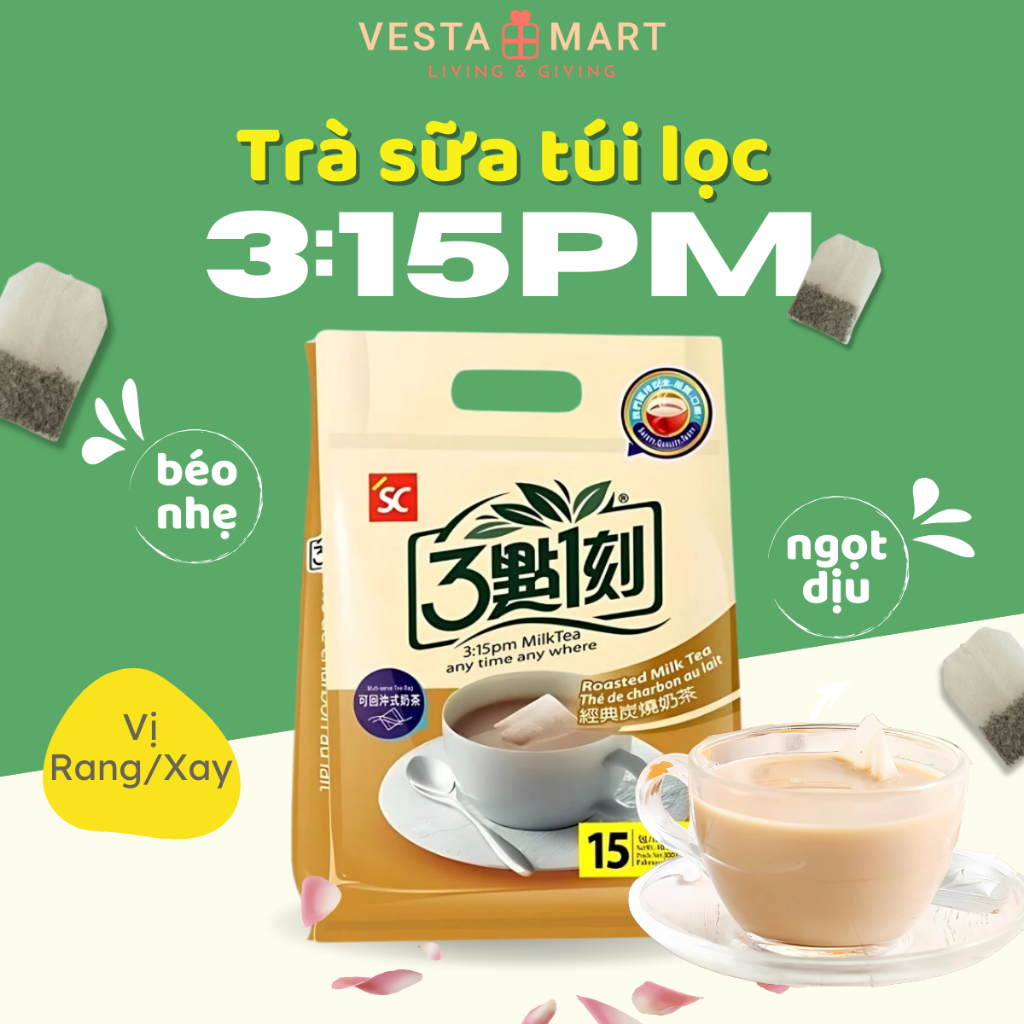 Trà Sữa Tự Pha 3:15pm Túi Lọc Dạng Gói Ít Đường Nhập Khẩu Đài Loan Tiện Lợi Vị Rang/Nướng - VESTA MART