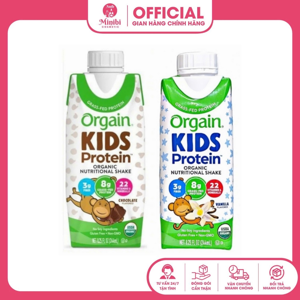 Thùng Sữa hữu cơ Organic Orgain Kids Protein Socola/ Vani 244ml x 12 hộp
