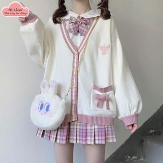 Áo khoác cardigan nữ len mịn logo thêu dài tay bo gấu phong cách Hàn Quốc, áo len dáng mỏng nơ cài túi có cúc cổ V A0012