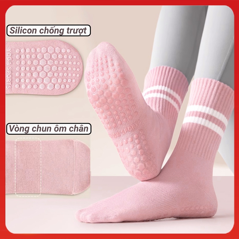 Tất vớ nữ tập Gym,Yoga, Pilates chống trơn trượt. Vớ thể thao nữ cổ lửng cotton thoáng khí có silicon ở bàn chân