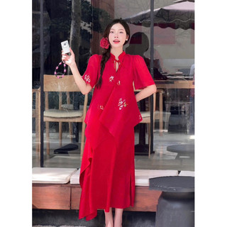 LEY019 Váy Thiết Kế Dáng Suông Vải Tơ Thêu Hoa Phối Lụa Tay Bồng Thiết Kế Theo Phong Cách Tiểu Thơ -LeyLa
