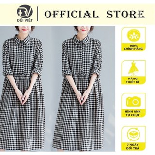 Váy đầm nữ dáng Babydoll, Đầm Midi Cổ Sơ Mi Tay Dài Kẻ Caro chất thô đũi mát