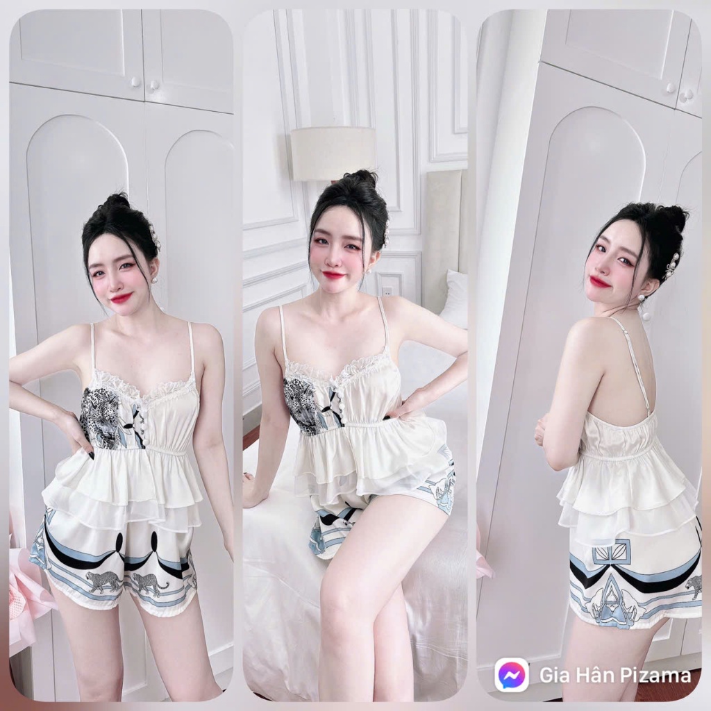 Bộ đồ ngủ lụa 2 dây quần đùi thiết kế dễ thương