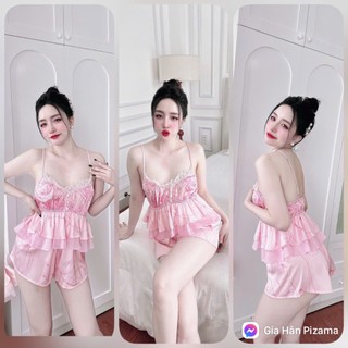 Bộ đồ ngủ lụa 2 dây quần đùi thiết kế dễ thương