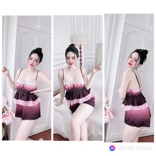 Bộ đồ ngủ lụa 2 dây quần đùi thiết kế dễ thương