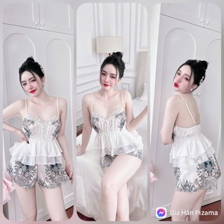 Bộ đồ ngủ lụa 2 dây quần đùi thiết kế dễ thương